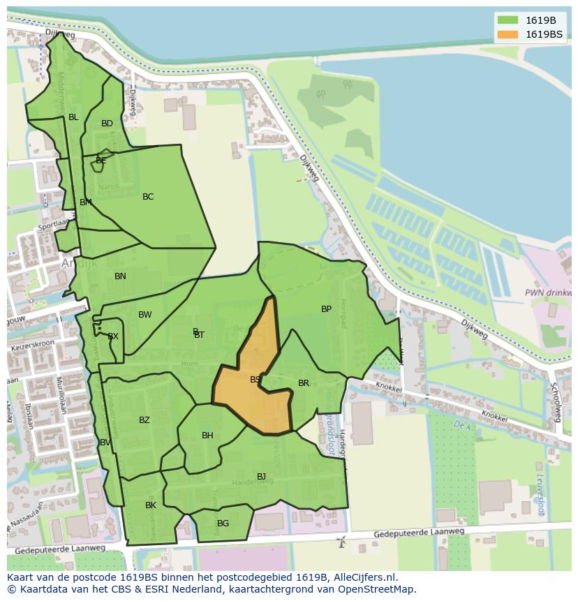 Afbeelding van het postcodegebied 1619 BS op de kaart.