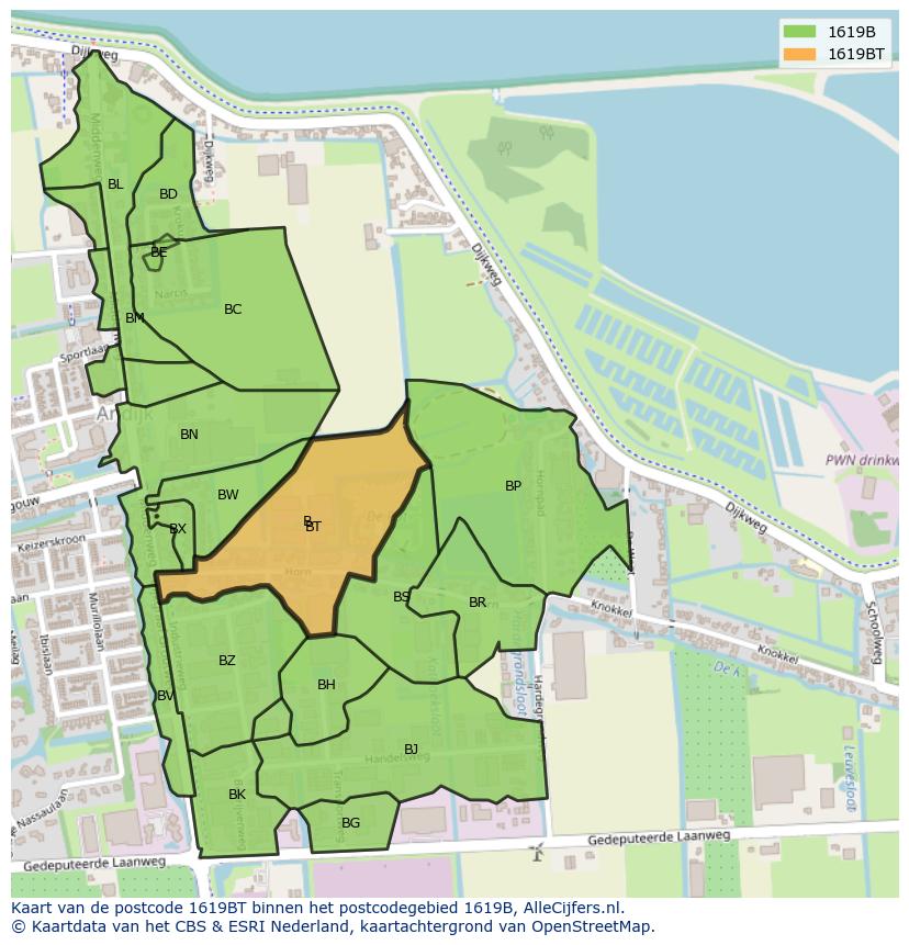 Afbeelding van het postcodegebied 1619 BT op de kaart.