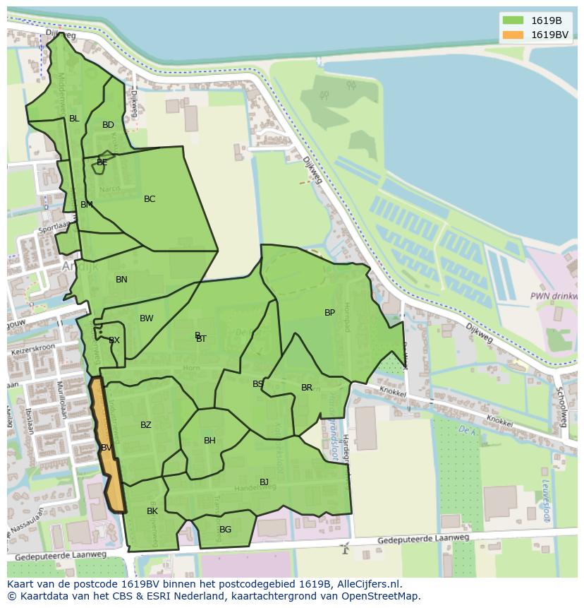 Afbeelding van het postcodegebied 1619 BV op de kaart.