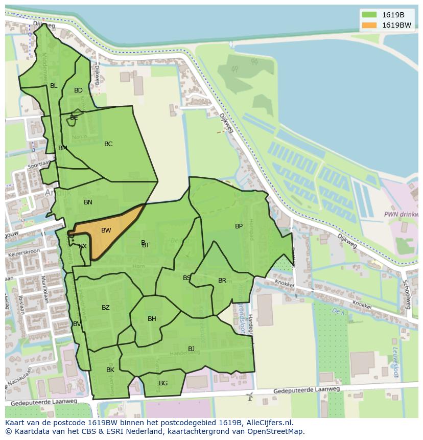 Afbeelding van het postcodegebied 1619 BW op de kaart.