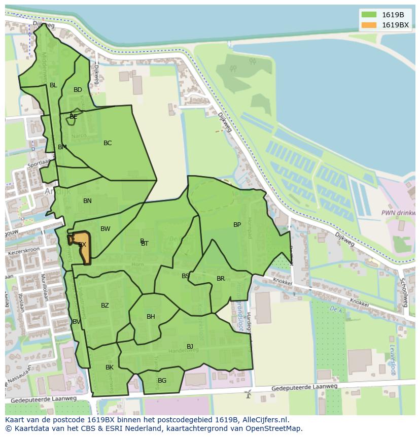 Afbeelding van het postcodegebied 1619 BX op de kaart.