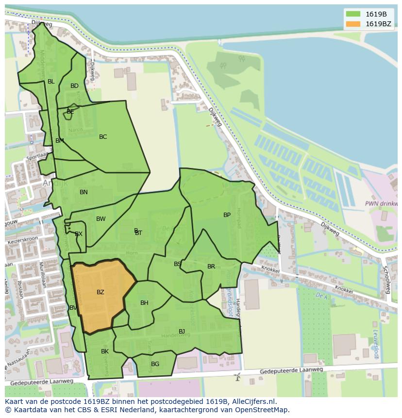 Afbeelding van het postcodegebied 1619 BZ op de kaart.