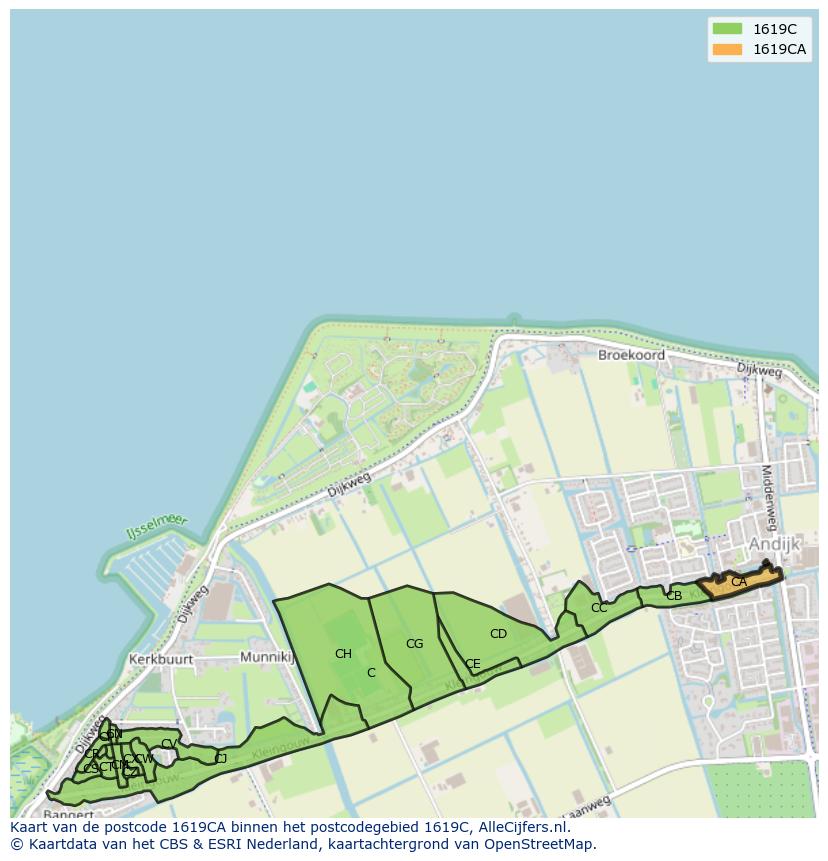 Afbeelding van het postcodegebied 1619 CA op de kaart.