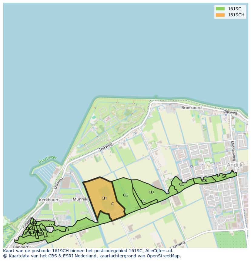 Afbeelding van het postcodegebied 1619 CH op de kaart.