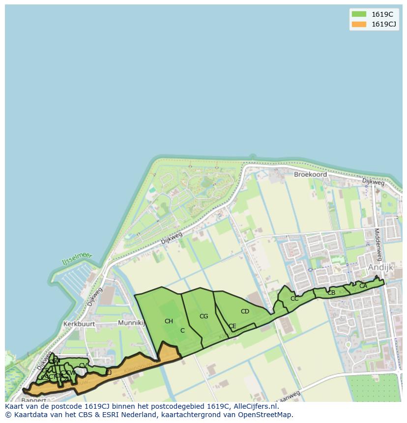 Afbeelding van het postcodegebied 1619 CJ op de kaart.