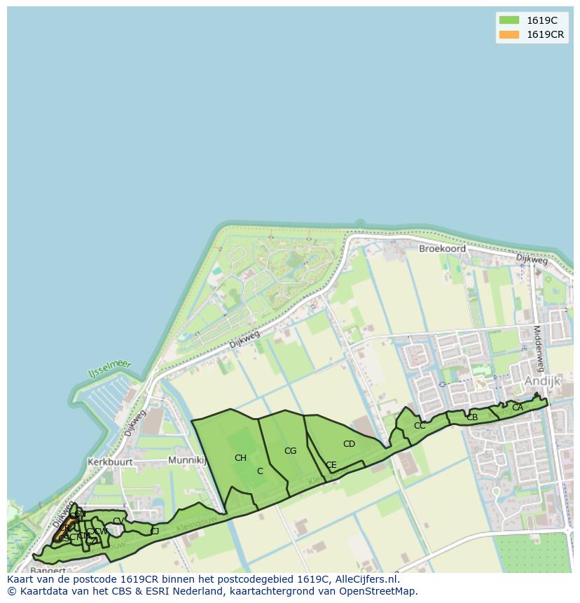 Afbeelding van het postcodegebied 1619 CR op de kaart.