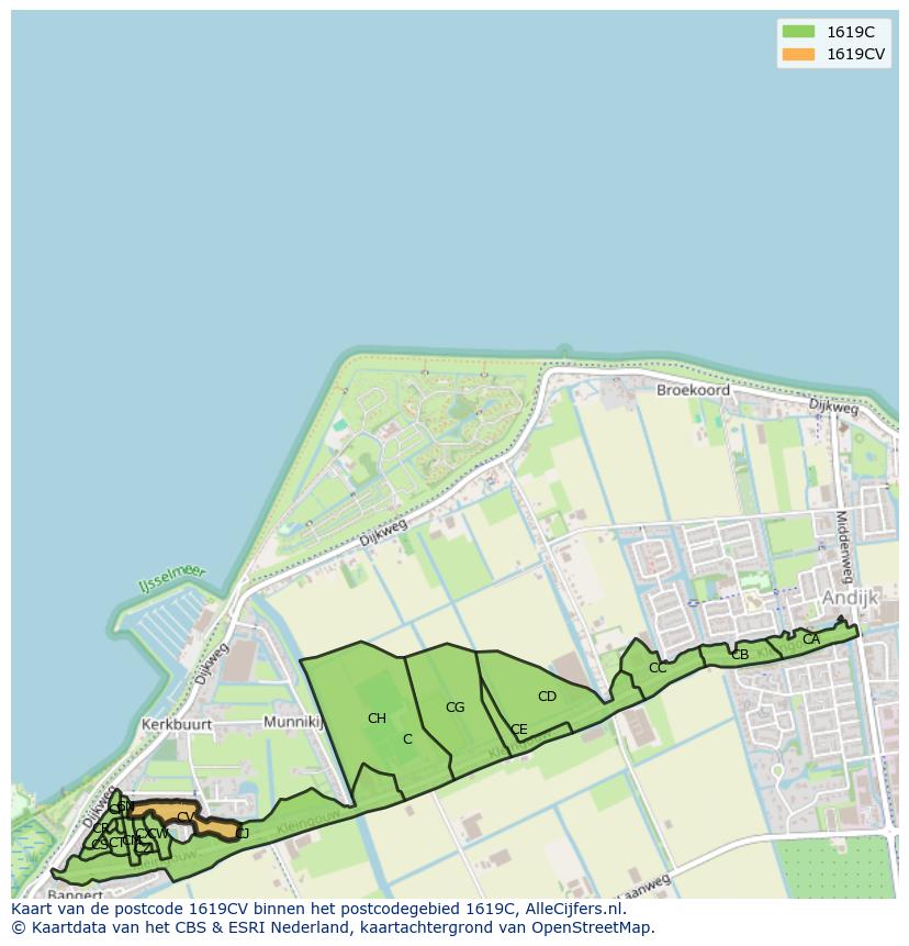 Afbeelding van het postcodegebied 1619 CV op de kaart.