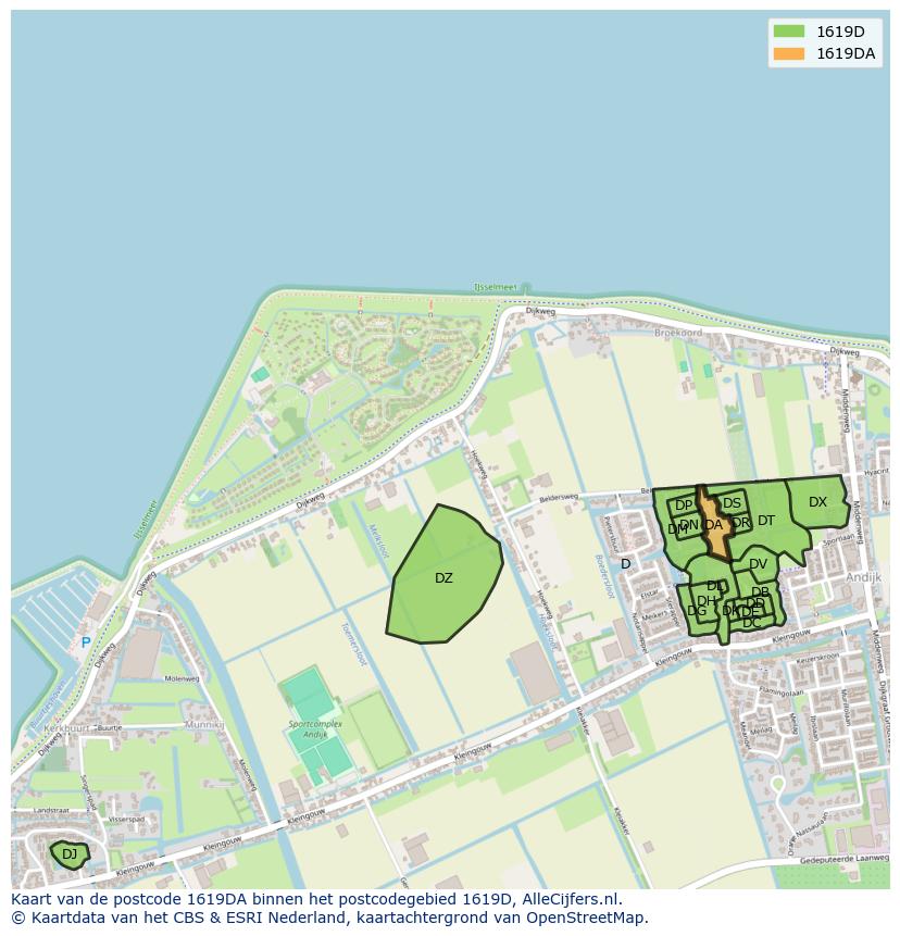 Afbeelding van het postcodegebied 1619 DA op de kaart.