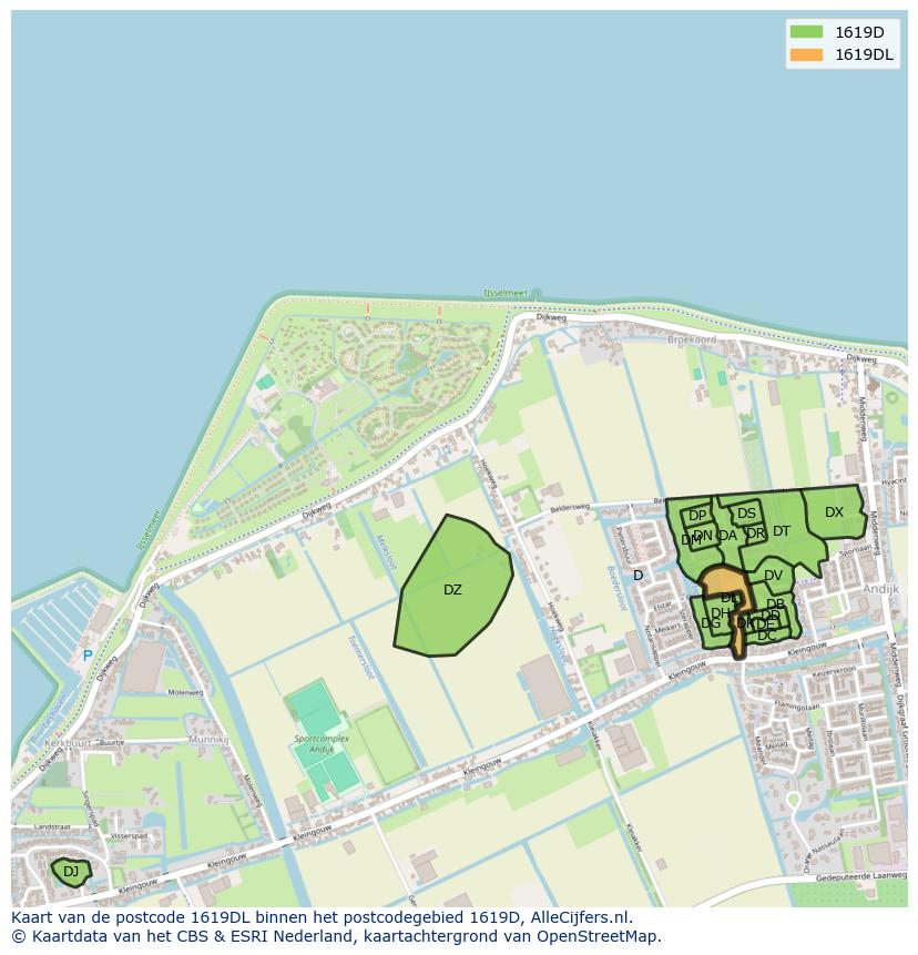 Afbeelding van het postcodegebied 1619 DL op de kaart.