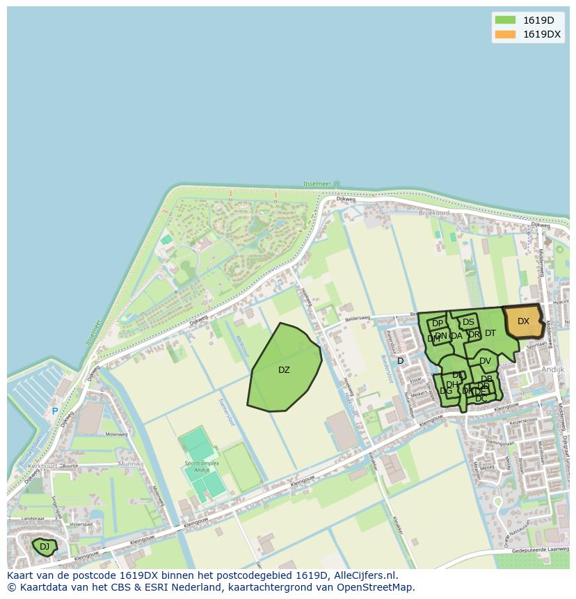 Afbeelding van het postcodegebied 1619 DX op de kaart.