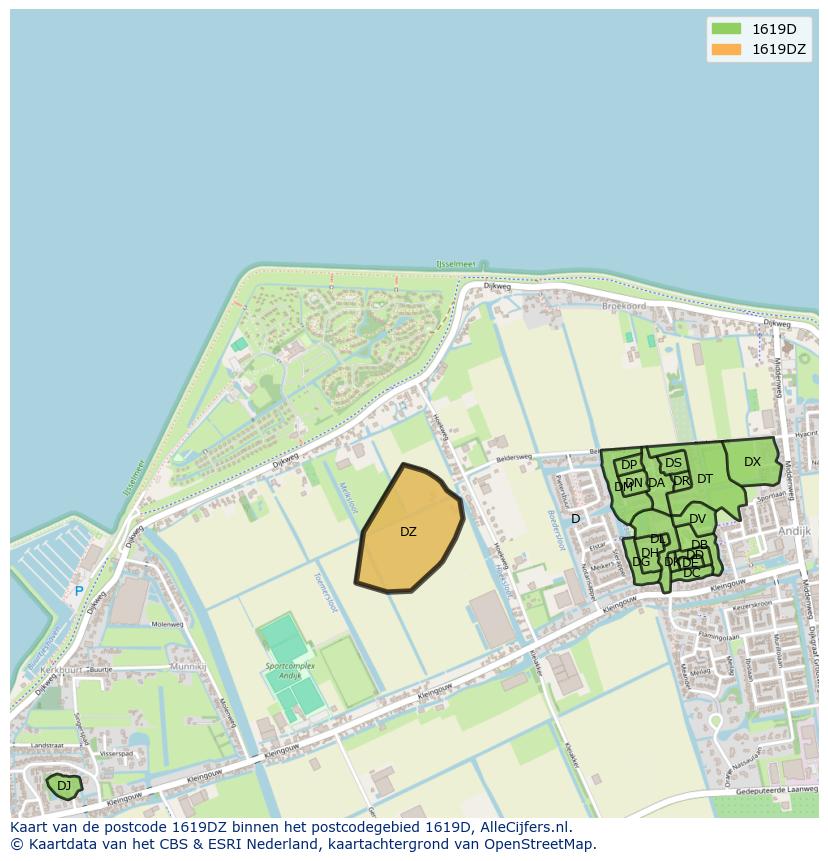 Afbeelding van het postcodegebied 1619 DZ op de kaart.