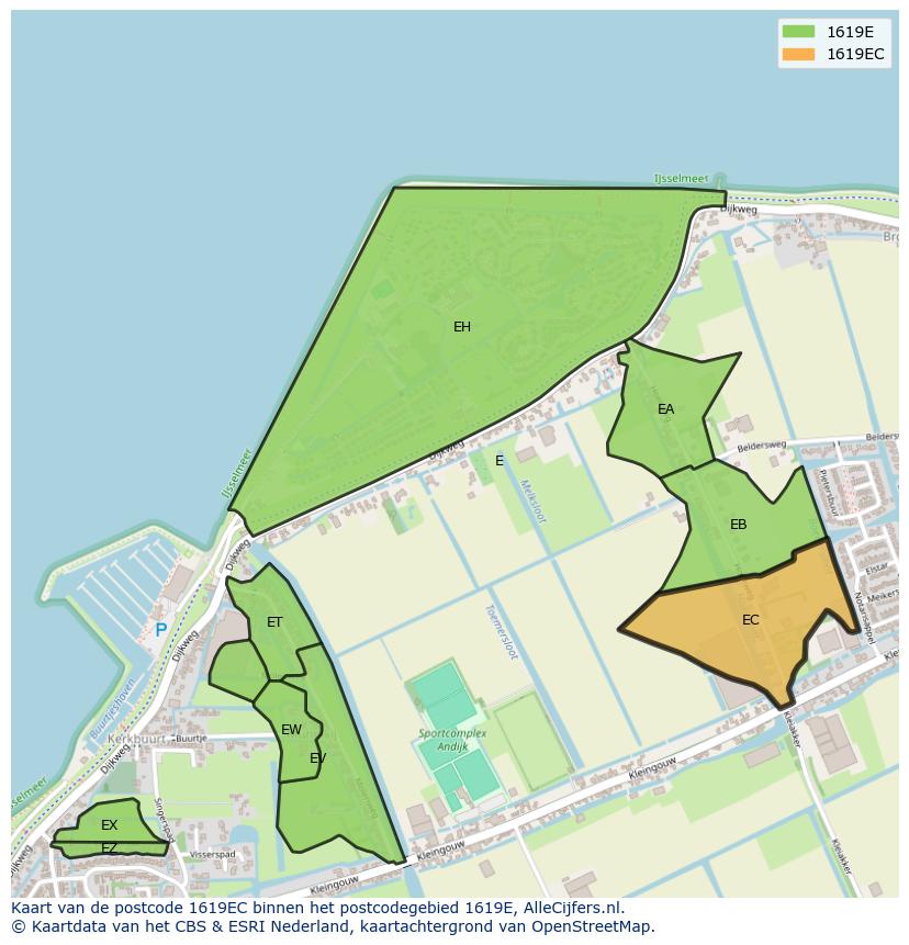 Afbeelding van het postcodegebied 1619 EC op de kaart.