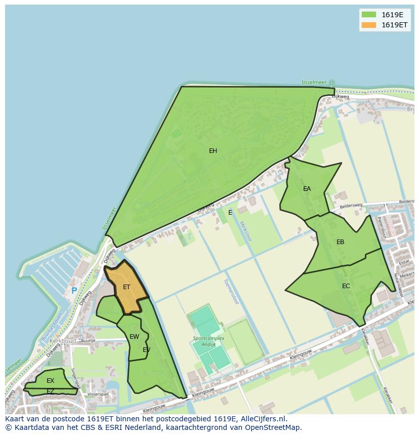 Afbeelding van het postcodegebied 1619 ET op de kaart.