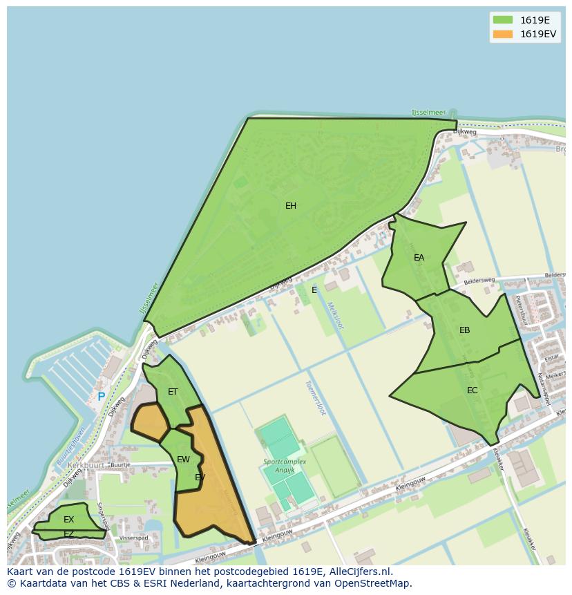 Afbeelding van het postcodegebied 1619 EV op de kaart.