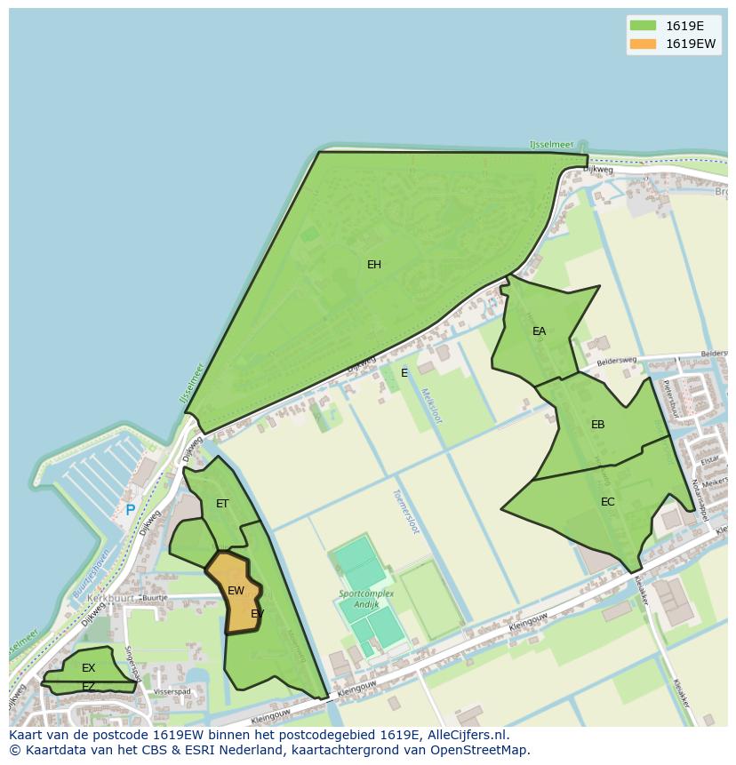 Afbeelding van het postcodegebied 1619 EW op de kaart.