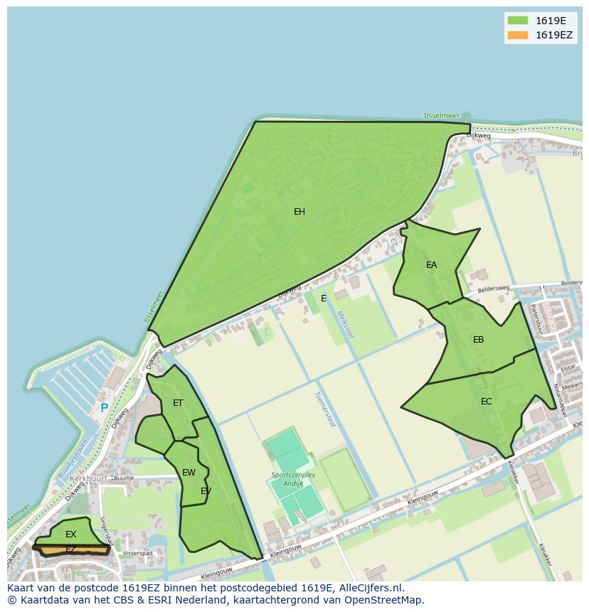 Afbeelding van het postcodegebied 1619 EZ op de kaart.