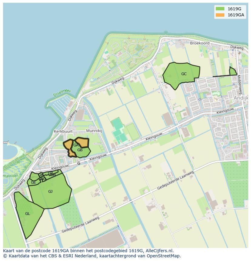 Afbeelding van het postcodegebied 1619 GA op de kaart.