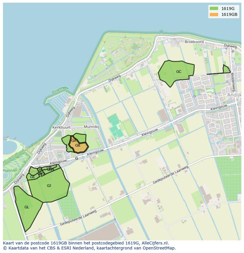 Afbeelding van het postcodegebied 1619 GB op de kaart.