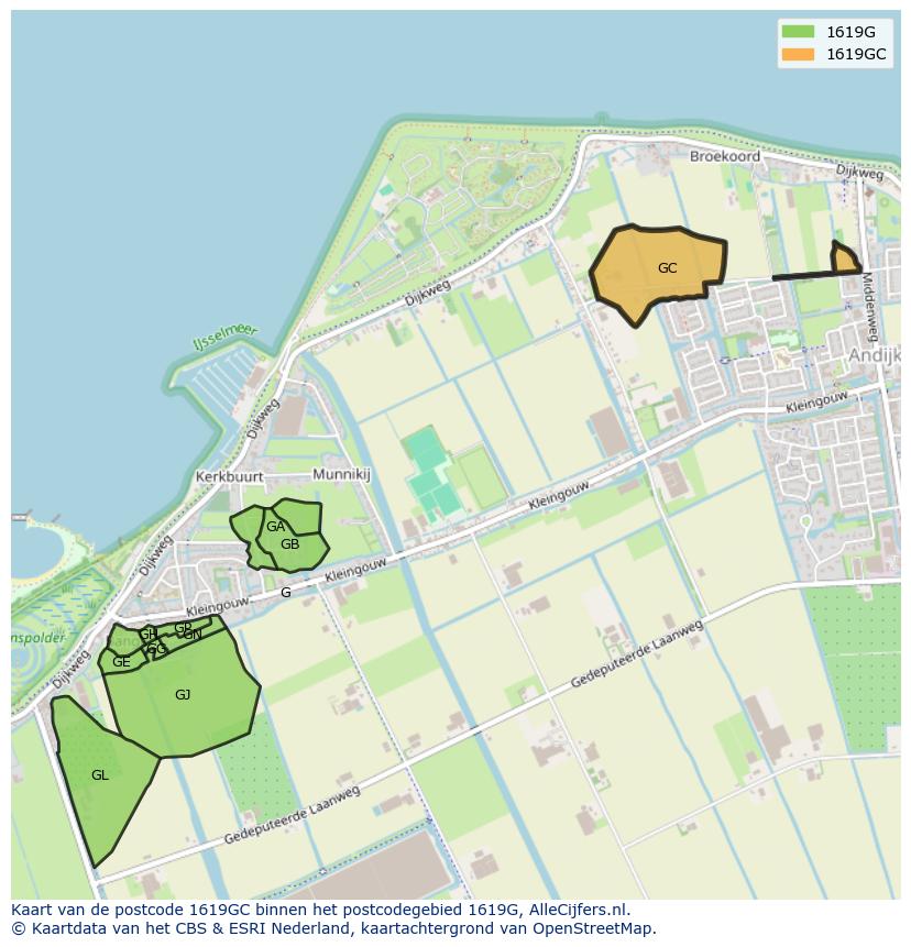 Afbeelding van het postcodegebied 1619 GC op de kaart.