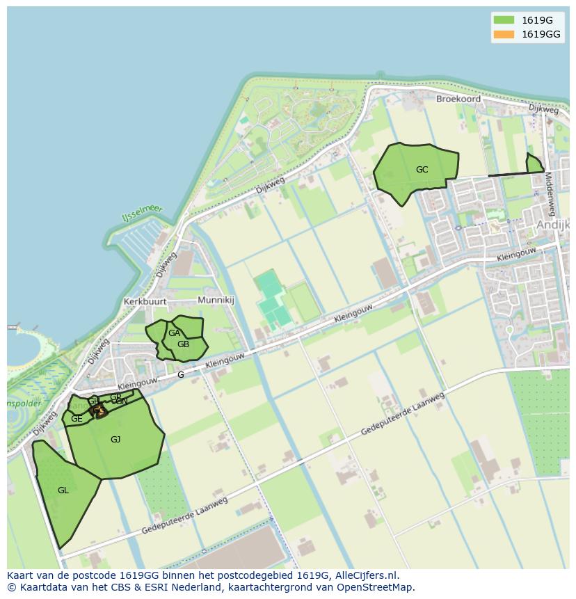 Afbeelding van het postcodegebied 1619 GG op de kaart.