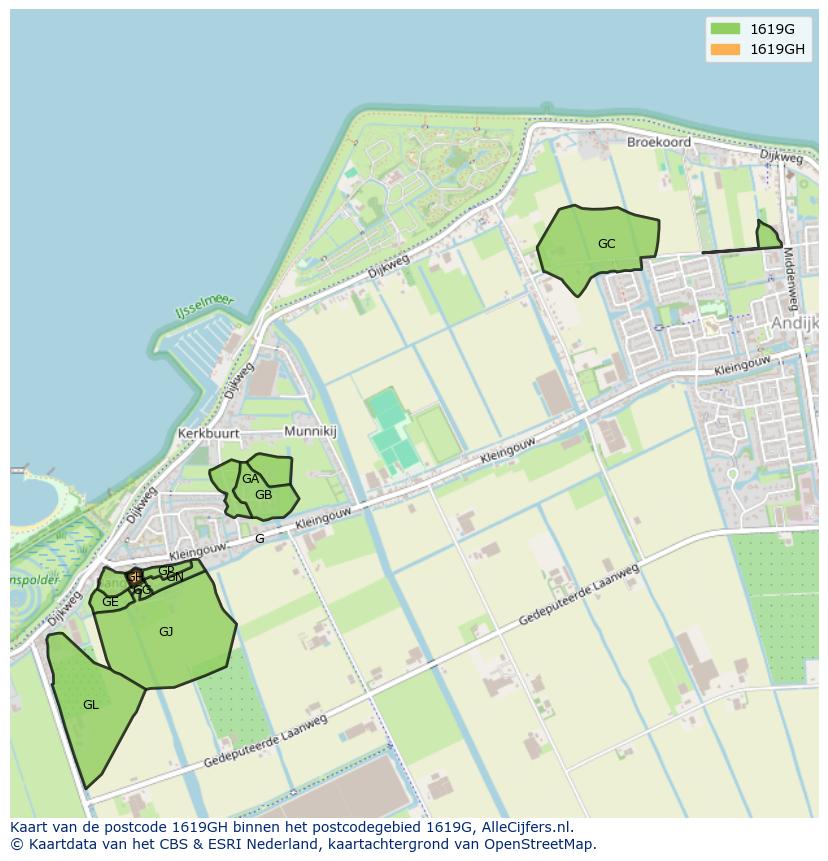 Afbeelding van het postcodegebied 1619 GH op de kaart.