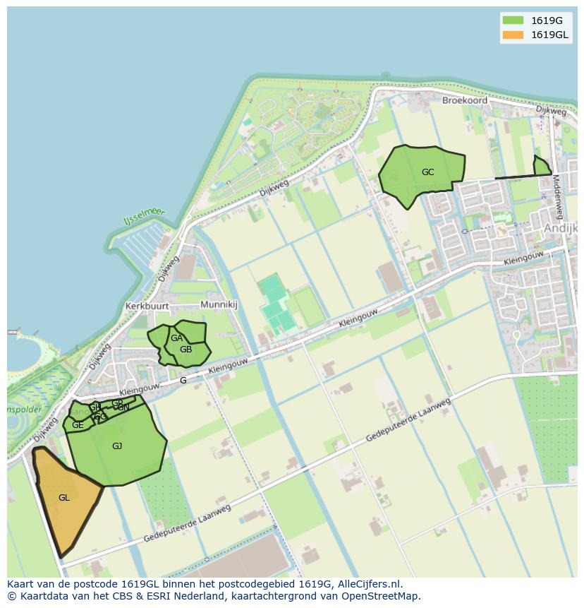 Afbeelding van het postcodegebied 1619 GL op de kaart.