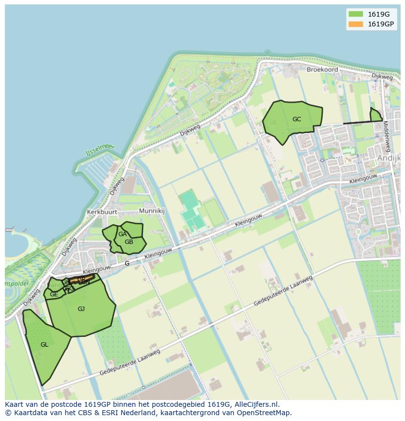 Afbeelding van het postcodegebied 1619 GP op de kaart.