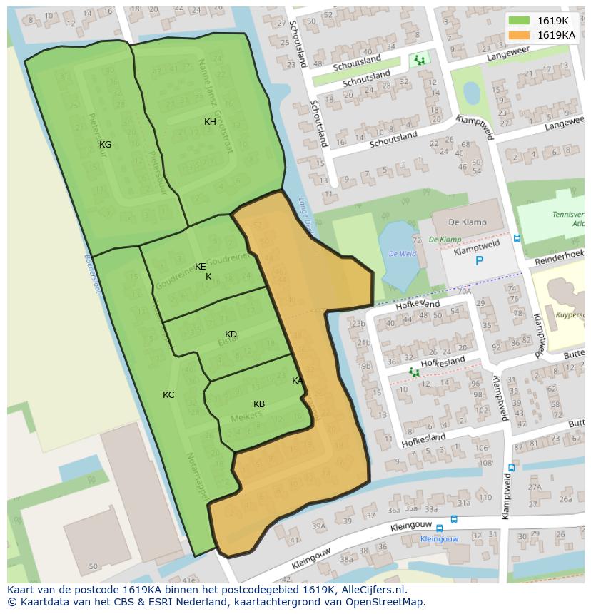 Afbeelding van het postcodegebied 1619 KA op de kaart.