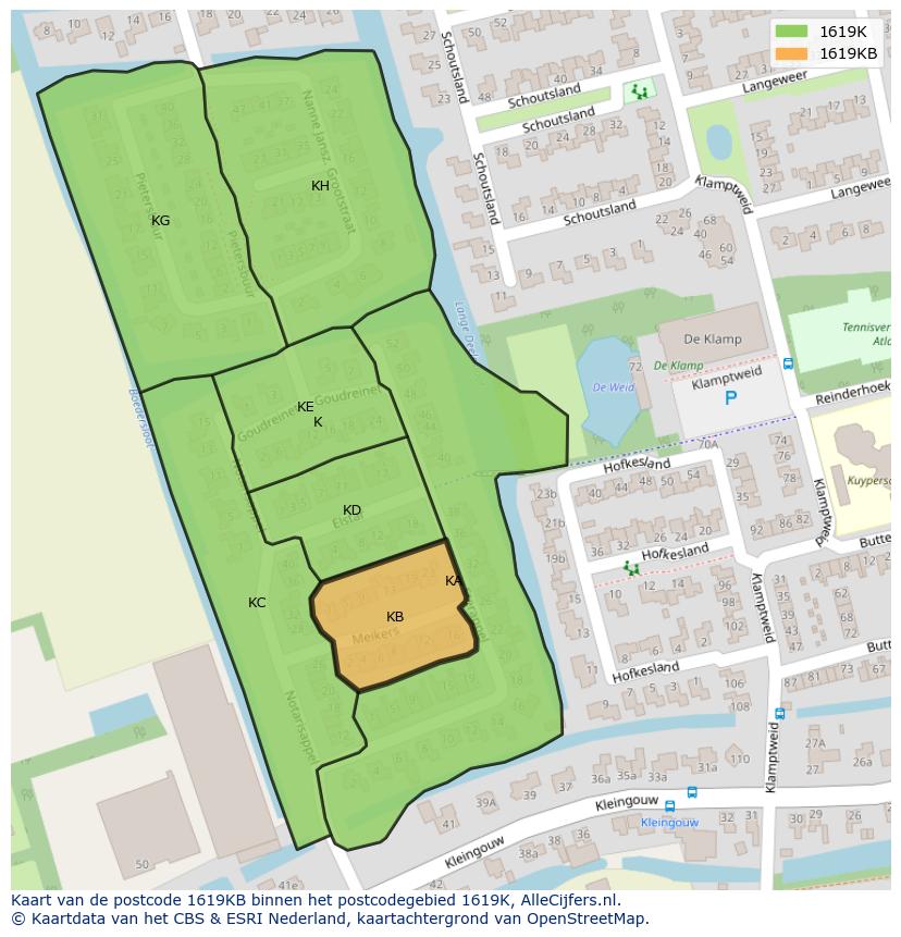 Afbeelding van het postcodegebied 1619 KB op de kaart.