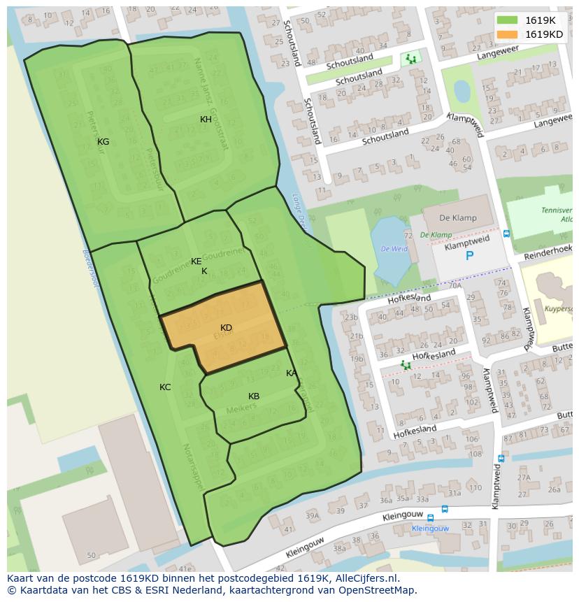 Afbeelding van het postcodegebied 1619 KD op de kaart.