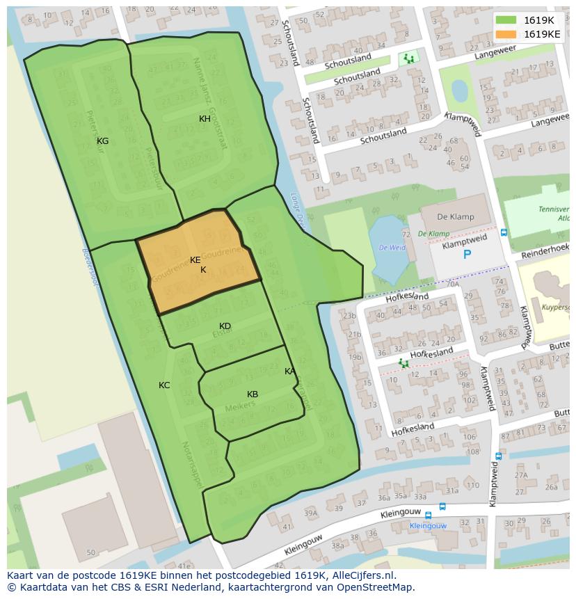 Afbeelding van het postcodegebied 1619 KE op de kaart.