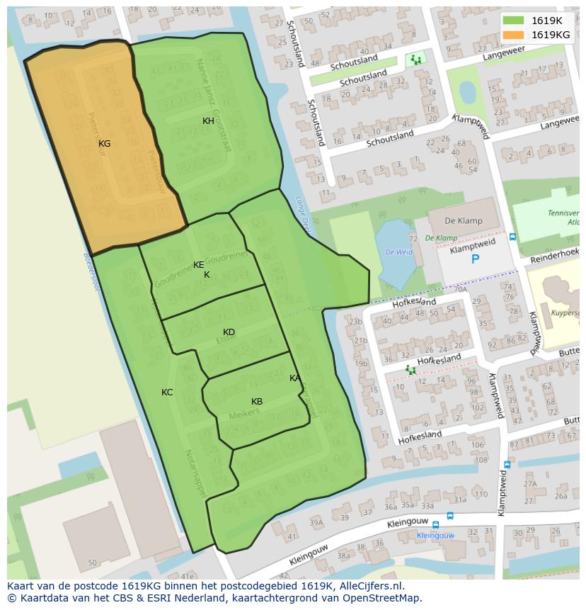 Afbeelding van het postcodegebied 1619 KG op de kaart.
