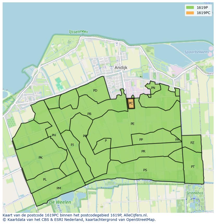 Afbeelding van het postcodegebied 1619 PC op de kaart.