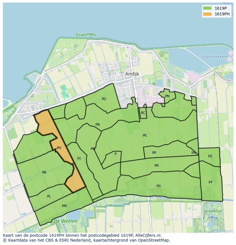 Afbeelding van het postcodegebied 1619 PH op de kaart.