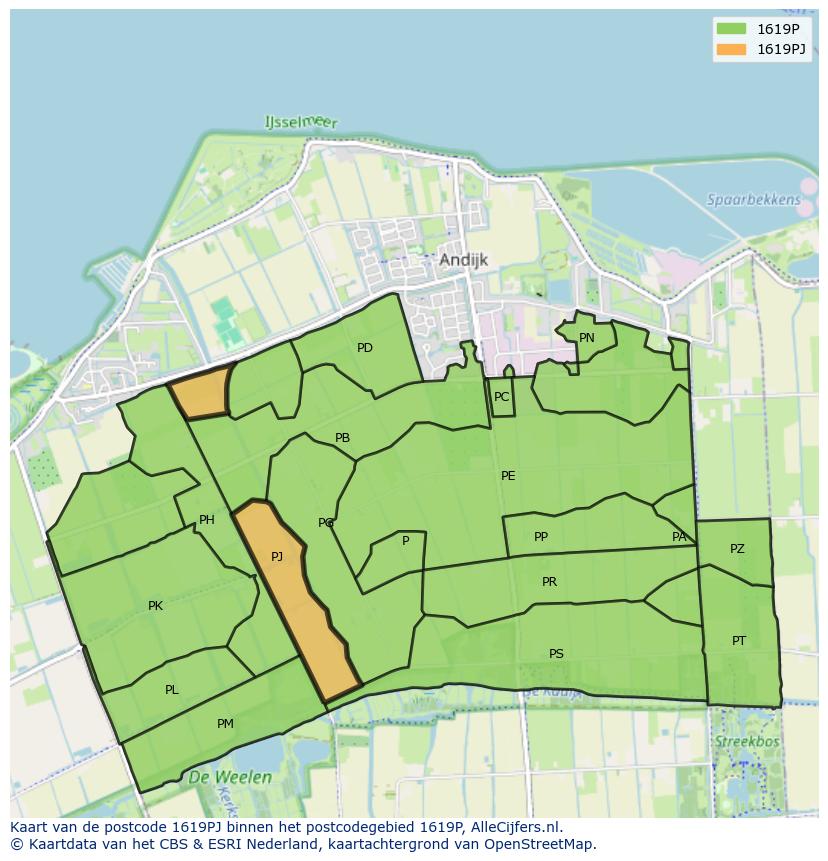 Afbeelding van het postcodegebied 1619 PJ op de kaart.