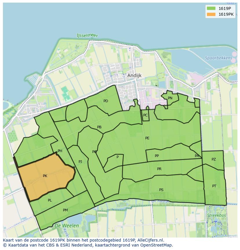 Afbeelding van het postcodegebied 1619 PK op de kaart.