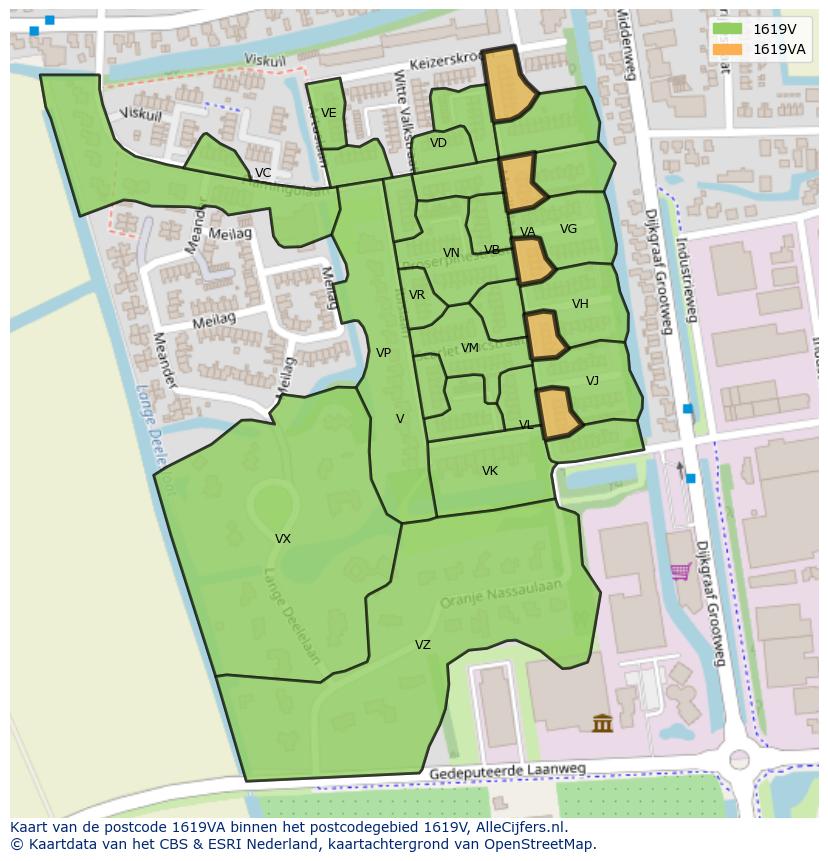 Afbeelding van het postcodegebied 1619 VA op de kaart.