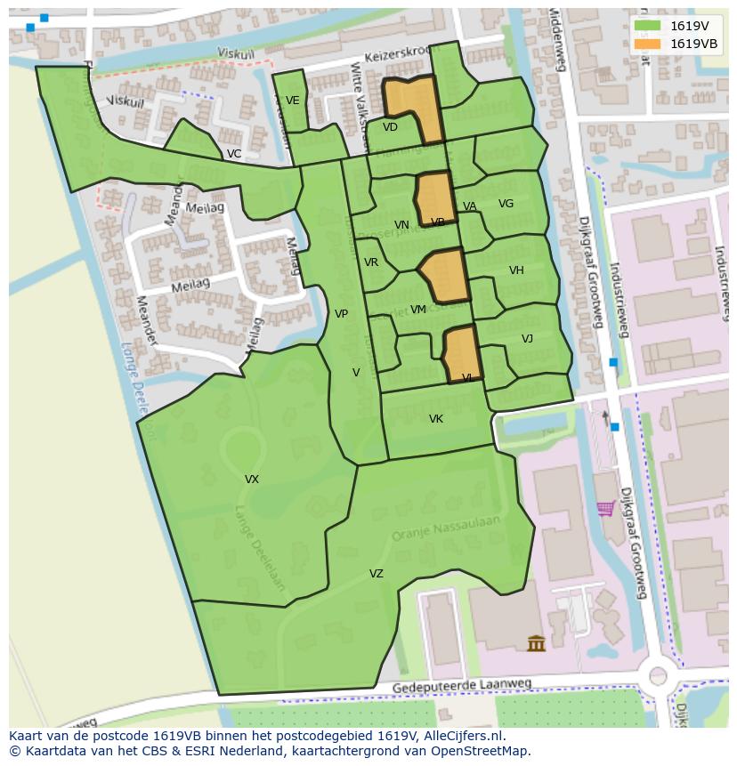 Afbeelding van het postcodegebied 1619 VB op de kaart.