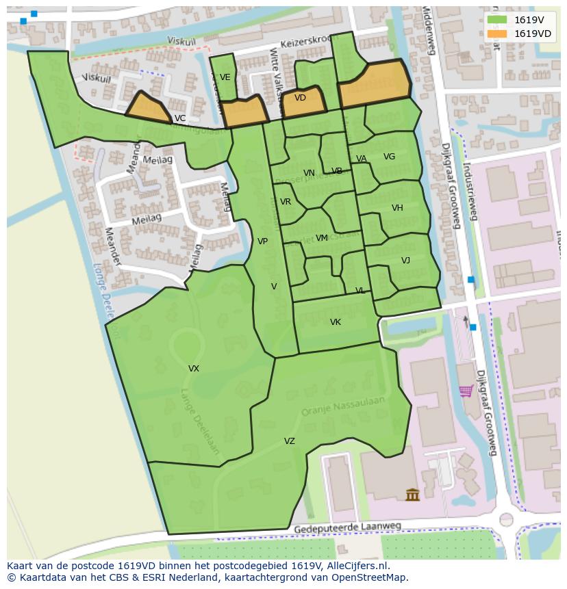 Afbeelding van het postcodegebied 1619 VD op de kaart.