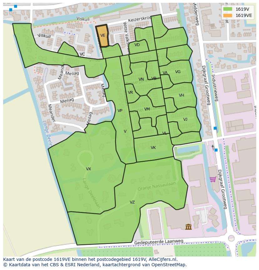 Afbeelding van het postcodegebied 1619 VE op de kaart.