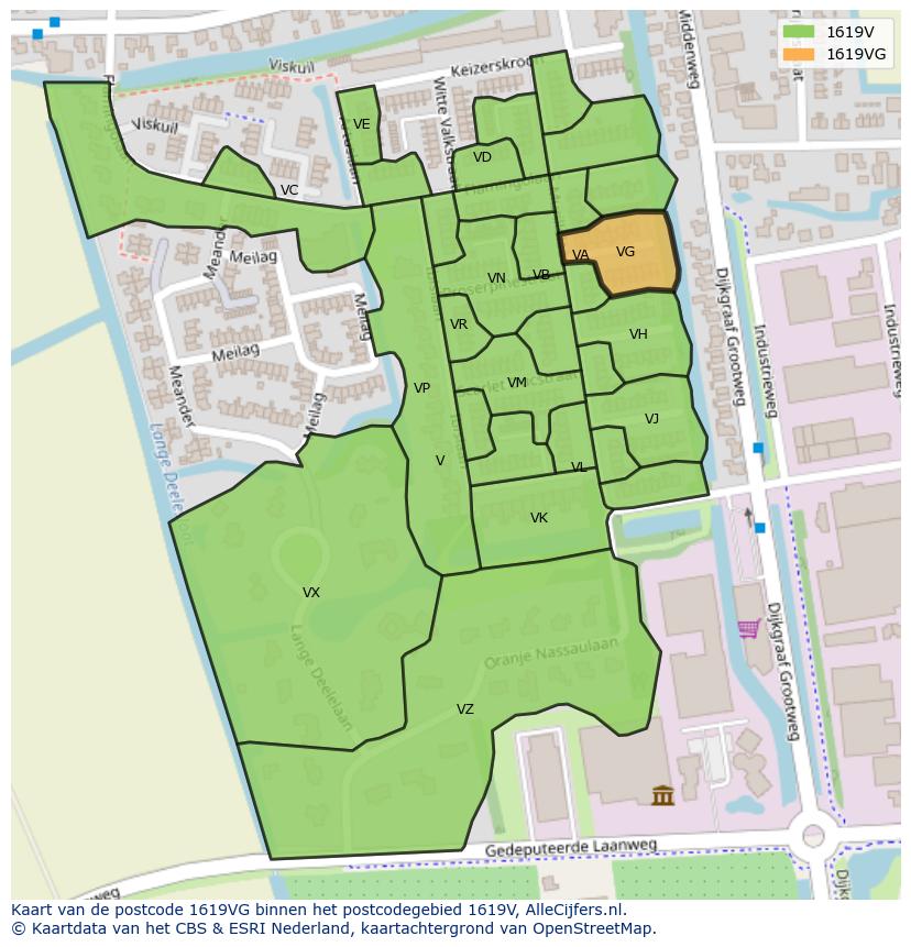Afbeelding van het postcodegebied 1619 VG op de kaart.