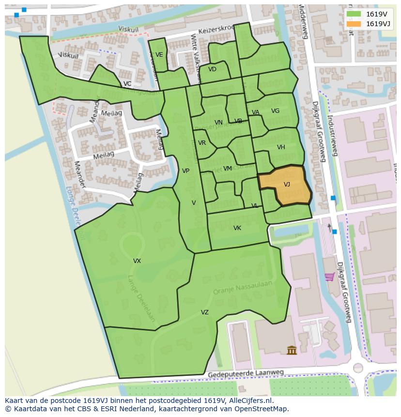 Afbeelding van het postcodegebied 1619 VJ op de kaart.