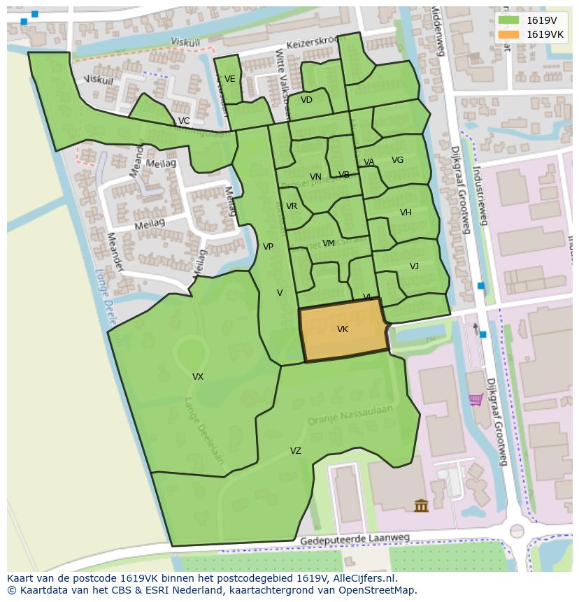 Afbeelding van het postcodegebied 1619 VK op de kaart.