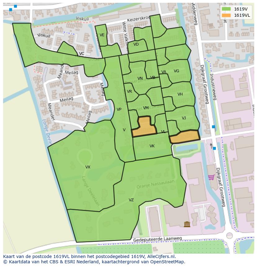 Afbeelding van het postcodegebied 1619 VL op de kaart.