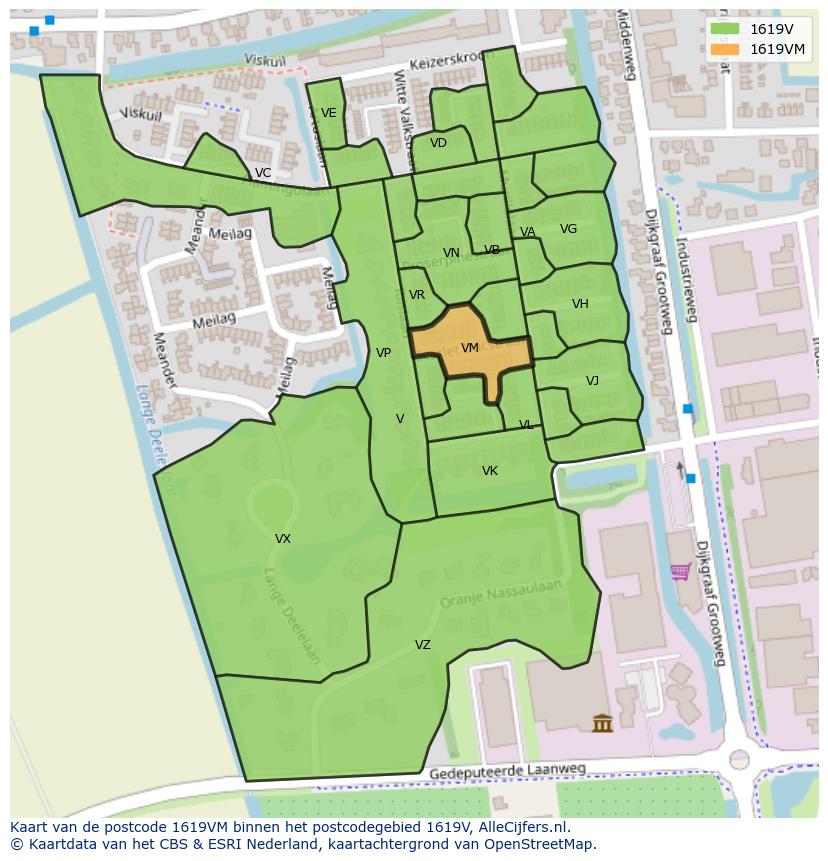 Afbeelding van het postcodegebied 1619 VM op de kaart.