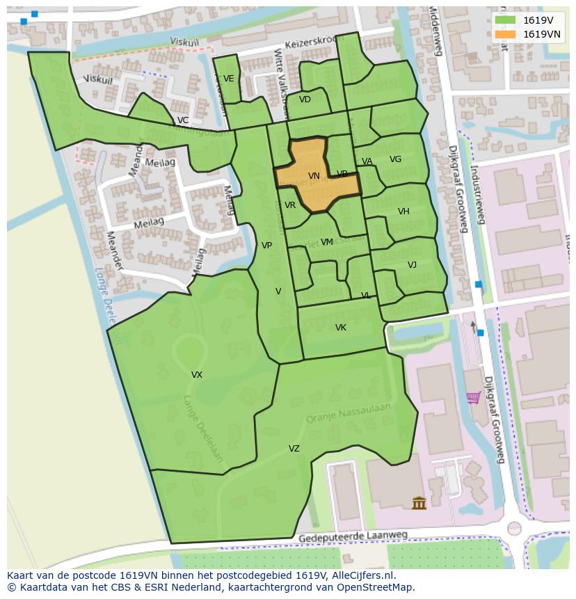 Afbeelding van het postcodegebied 1619 VN op de kaart.