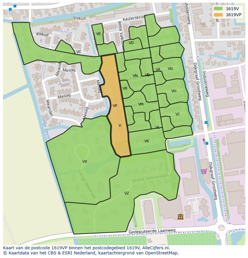 Afbeelding van het postcodegebied 1619 VP op de kaart.