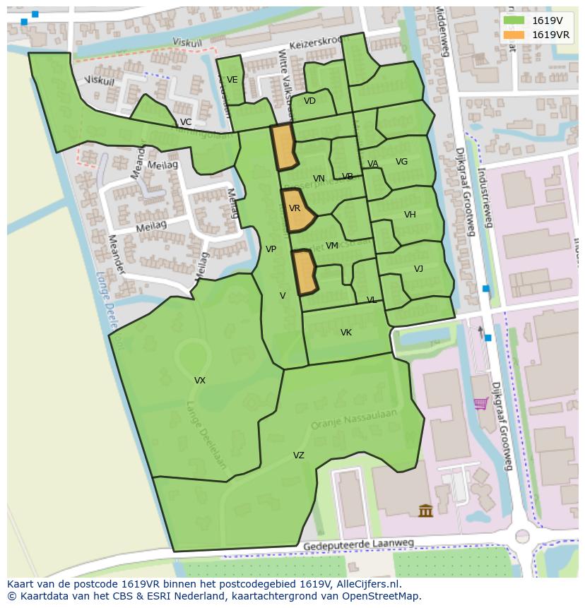 Afbeelding van het postcodegebied 1619 VR op de kaart.
