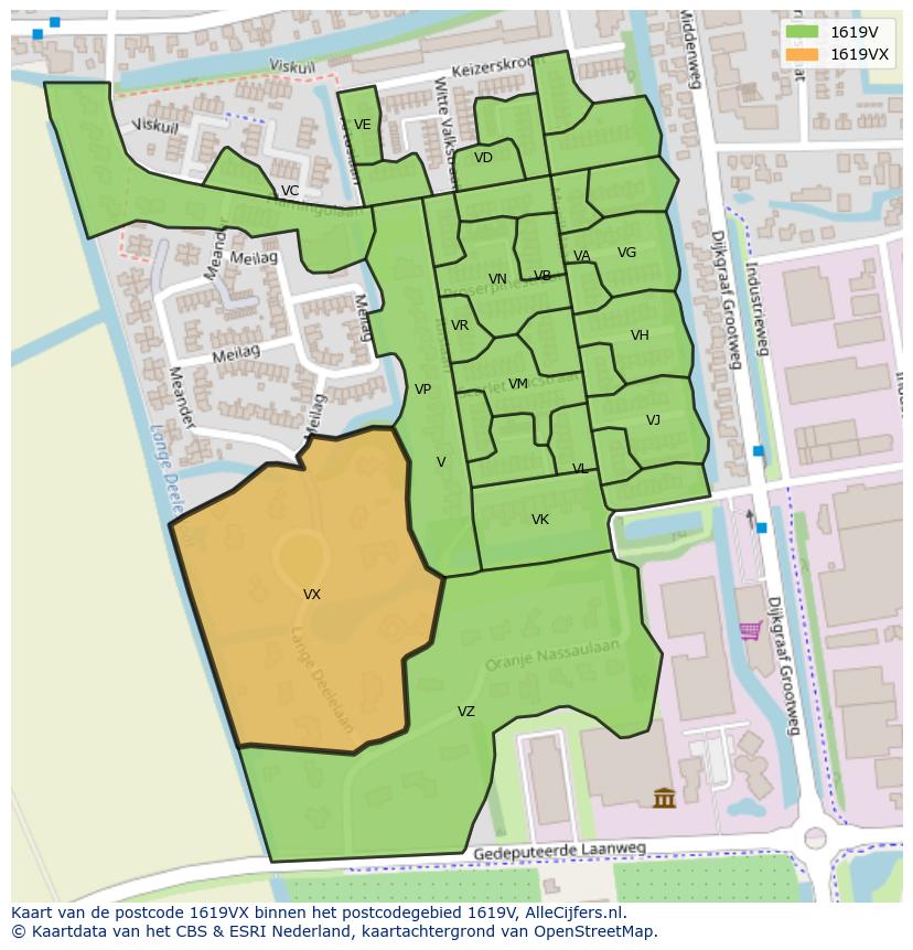 Afbeelding van het postcodegebied 1619 VX op de kaart.