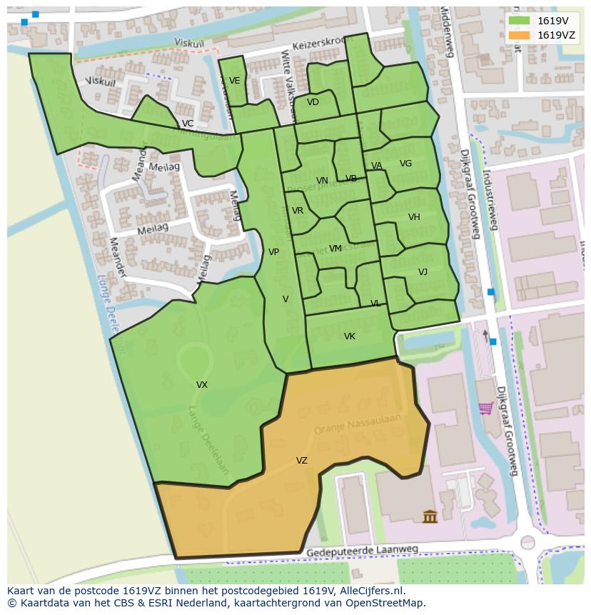 Afbeelding van het postcodegebied 1619 VZ op de kaart.